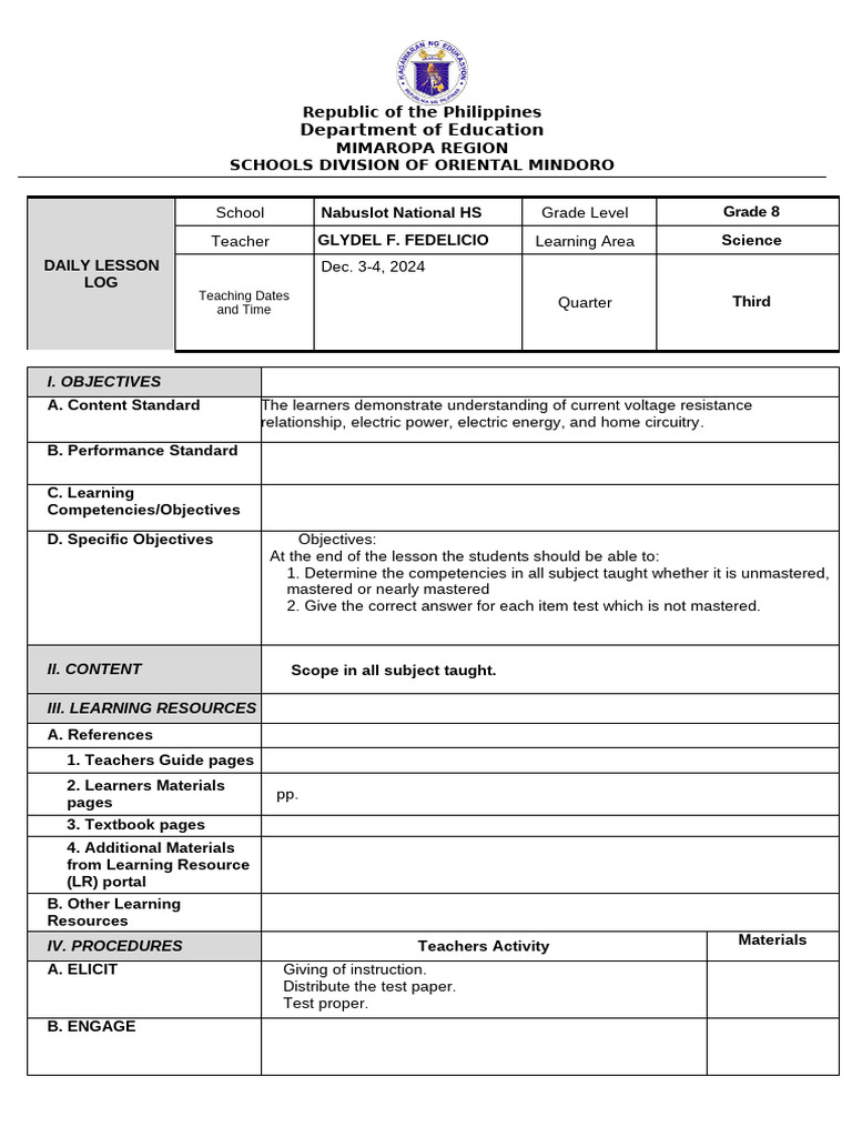 Grade 8 Science Daily Lesson Log | PDF | Teachers | Intelligence