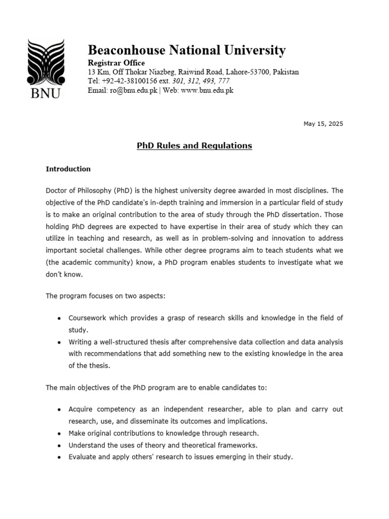PHD Regulations May 2025 | PDF | Doctor Of Philosophy | Thesis