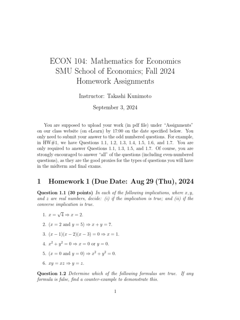 HW Up To #3 Math For Econ Fall2024 | PDF | Mathematical Analysis ...