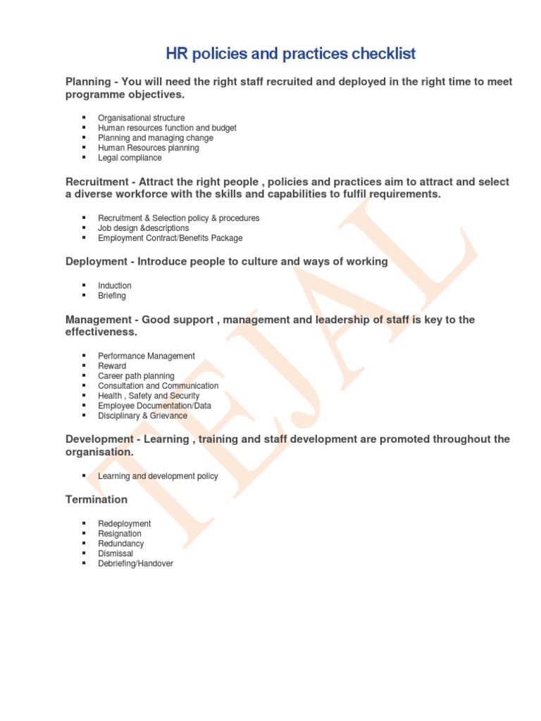 HR Policies and Practices Checklist Human Resource Management Recruitment
