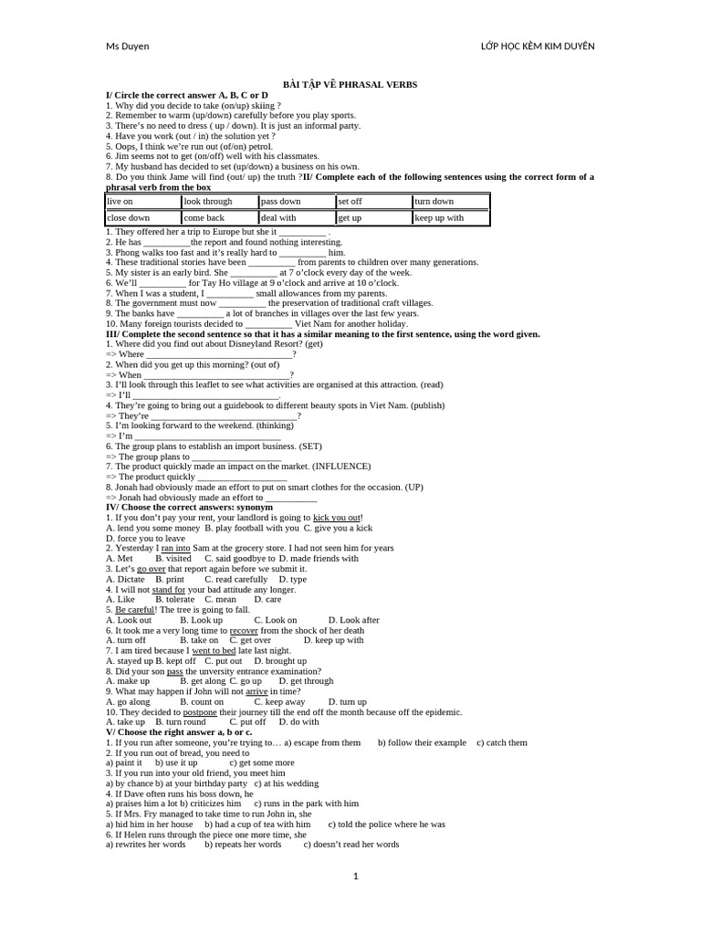 Phrasal Verb Exercises for Grade 9 | PDF