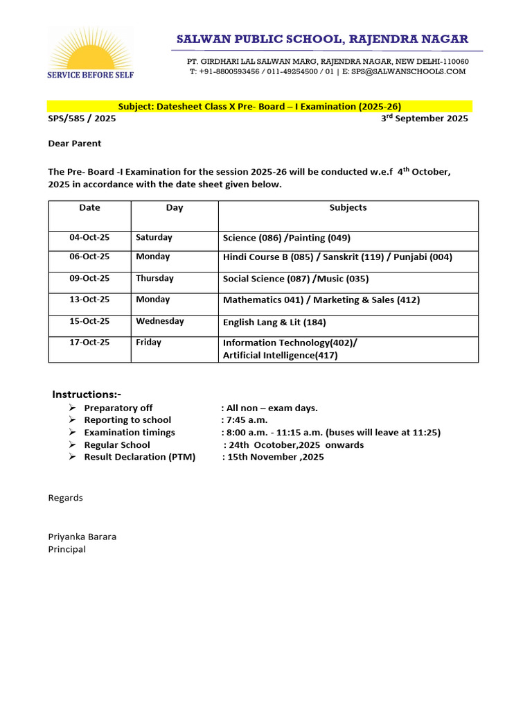 Class X Pre-Board I Exam Datesheet 2025-26 | PDF | Equations ...