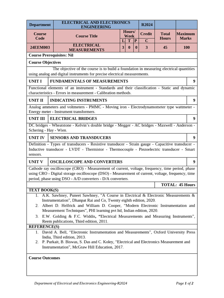 Electrical Measurements Course Overview | PDF | Electricity | Measuring ...