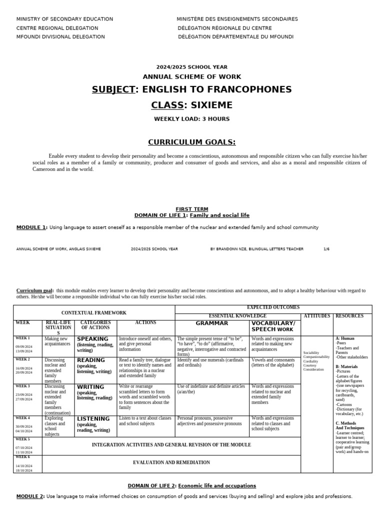English Curriculum for Francophones 2024-2025 | PDF | Vocabulary | Learning