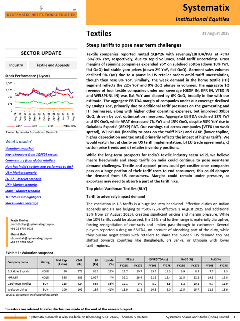 Systematix Update On Textiles Steep Tariffs To Pose Near Term ...