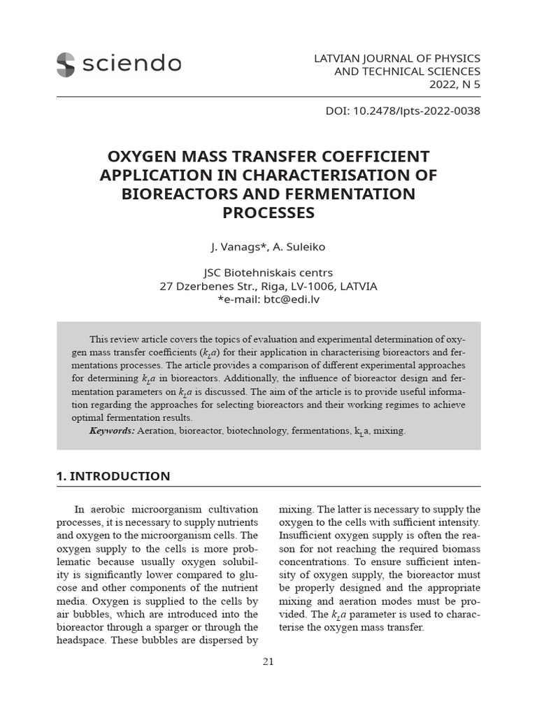 Oxygen Mass Transfer in Bioreactors | PDF | Viscosity | Gases
