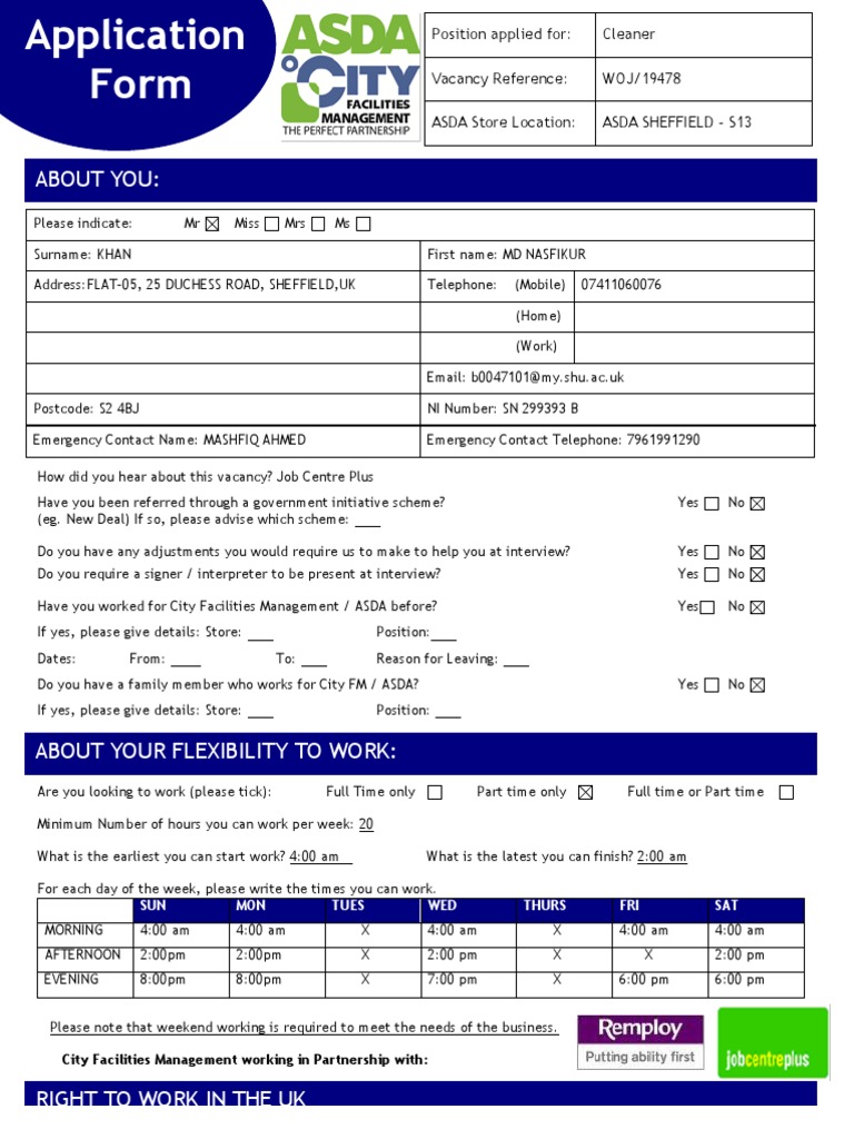 City Facilities Management - ASDA Cleaning - Application Form 