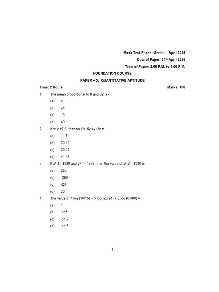 Quantitative Aptitude Mock Test Paper | PDF | Interest | Money