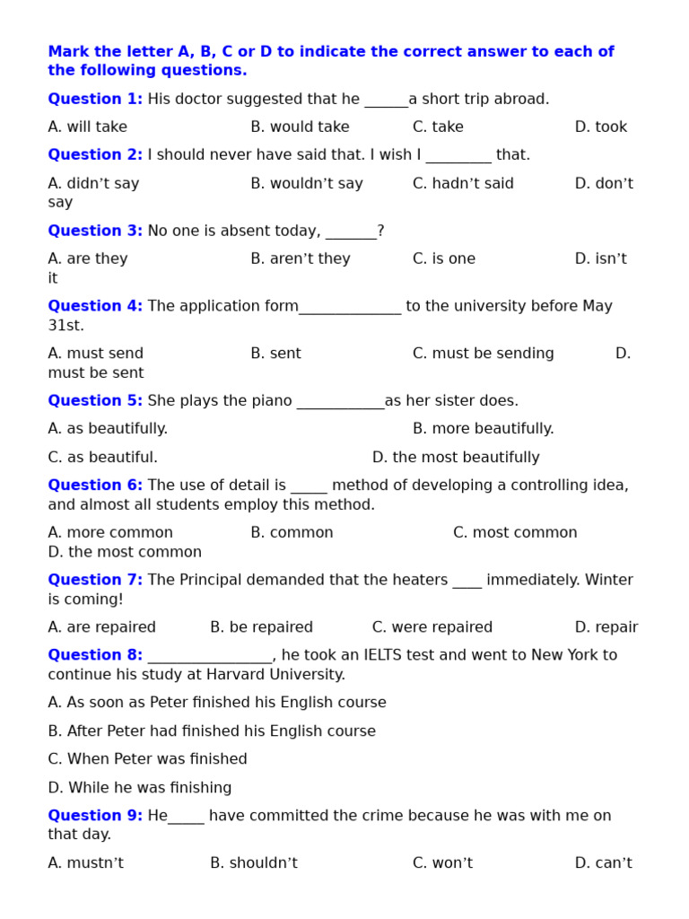 English Grammar Multiple Choice Questions | PDF | Climate Change