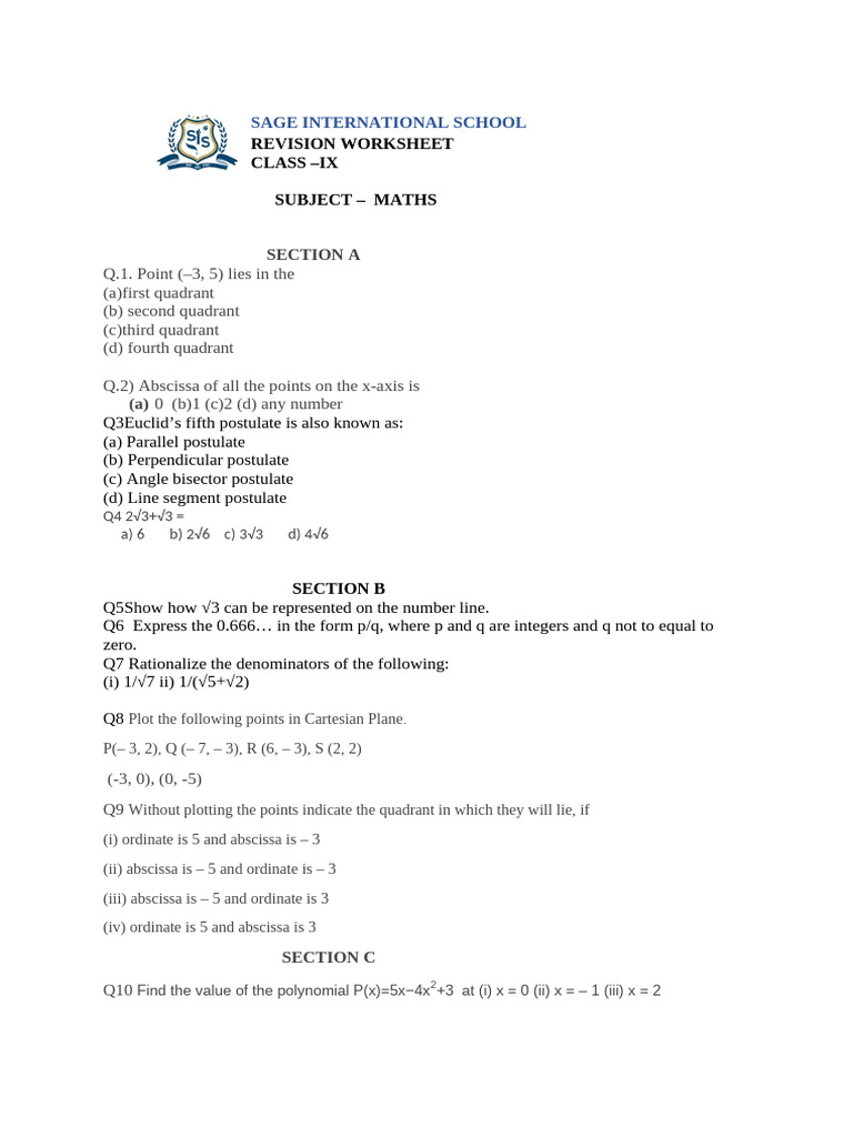 Class IX Maths Revision Worksheet | PDF