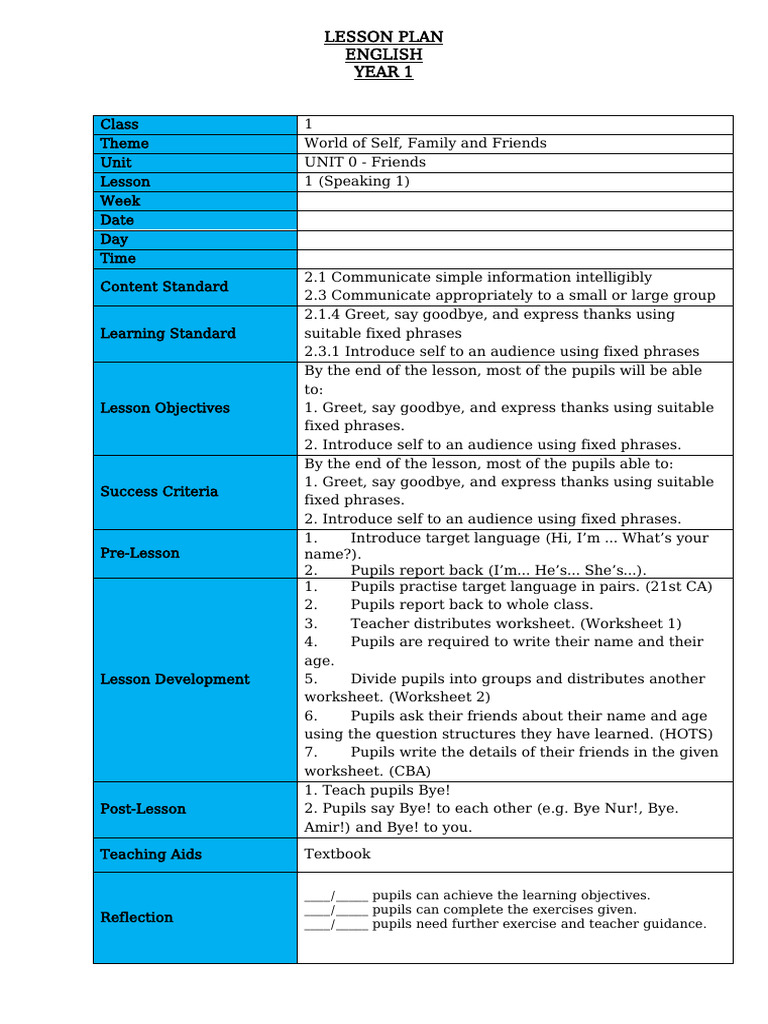 Year 1 English Lesson Plans: Friends Theme | PDF | Lesson Plan | Teachers