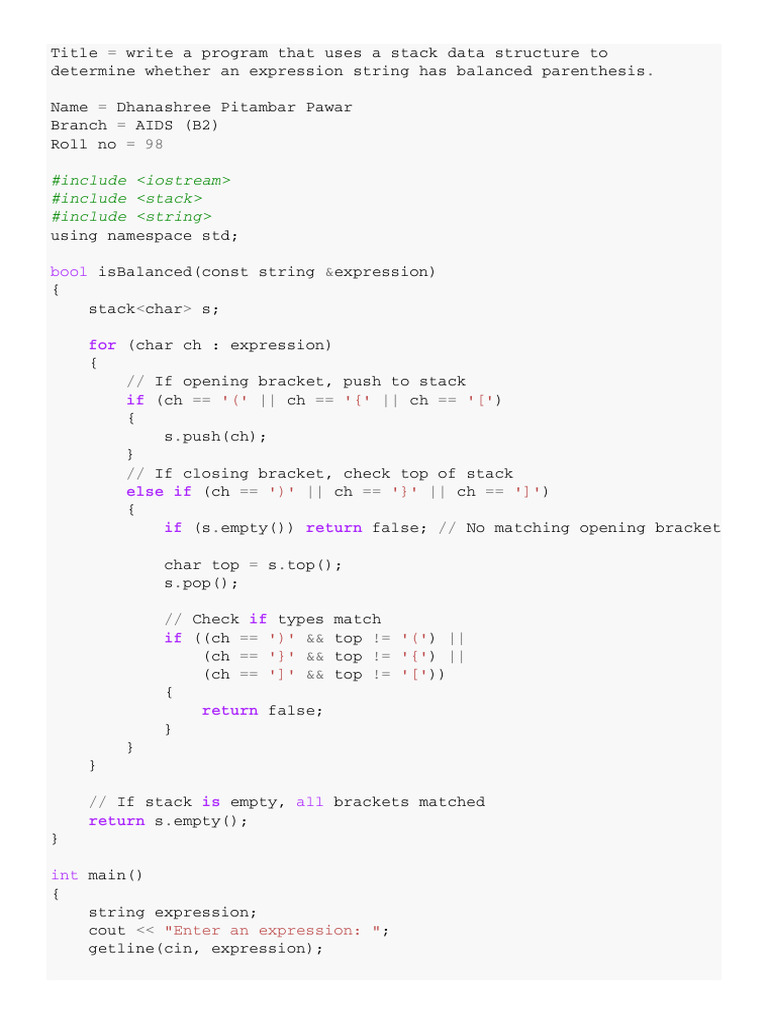 Check Balanced Parentheses in C++ | PDF