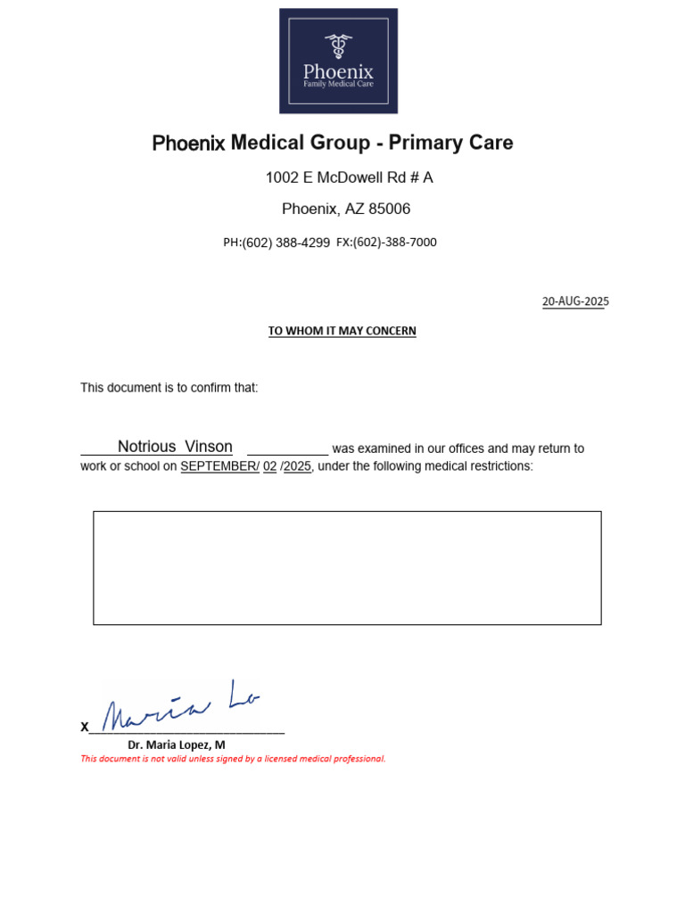 Doctors Note Example For Student | PDF