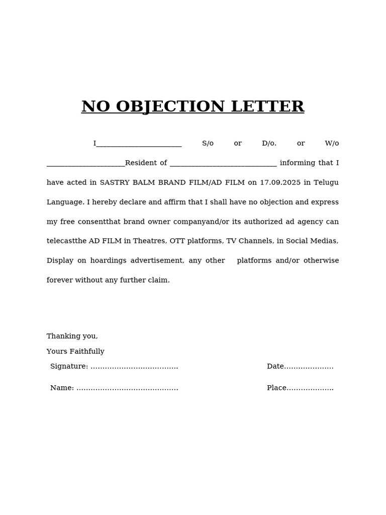 No Objection Letter for Ad Film | PDF