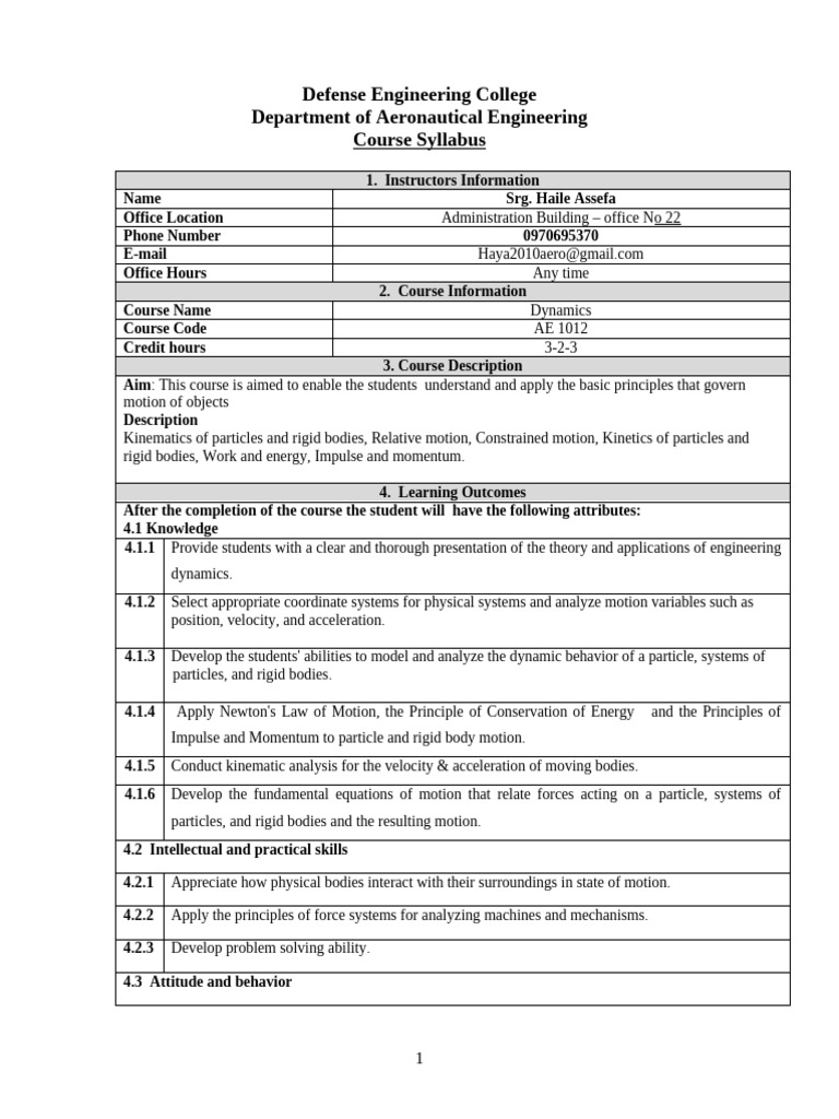 Dynamics Course Syllabus AE 1012 | PDF | Kinematics | Momentum