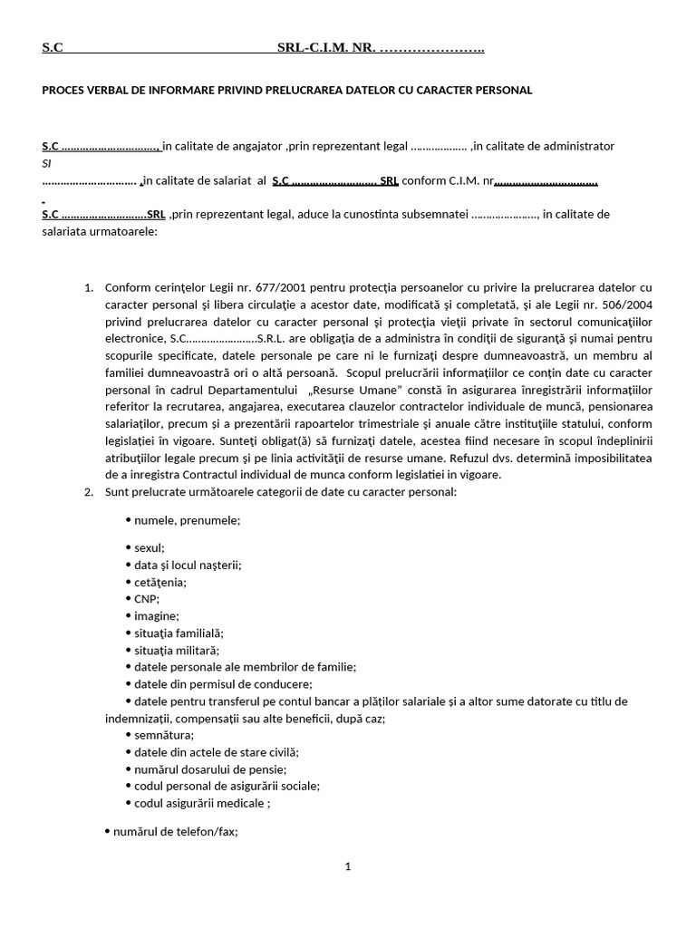 PV Informare Prelucrare Date Salariat | PDF