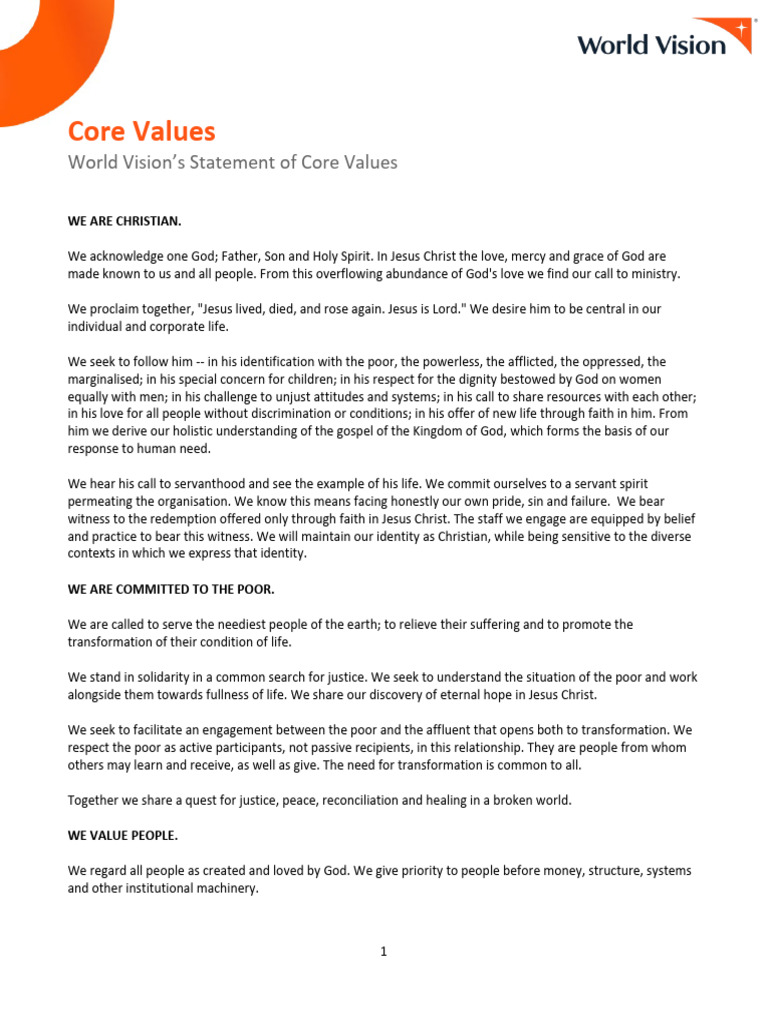 World Vision Core Values Explained | PDF | God In Christianity | Jesus