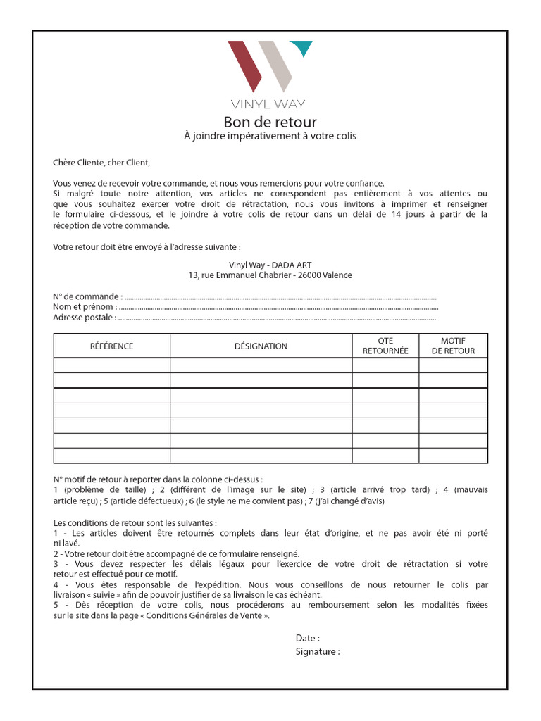 Bon de retour pour Vinyl Way | PDF