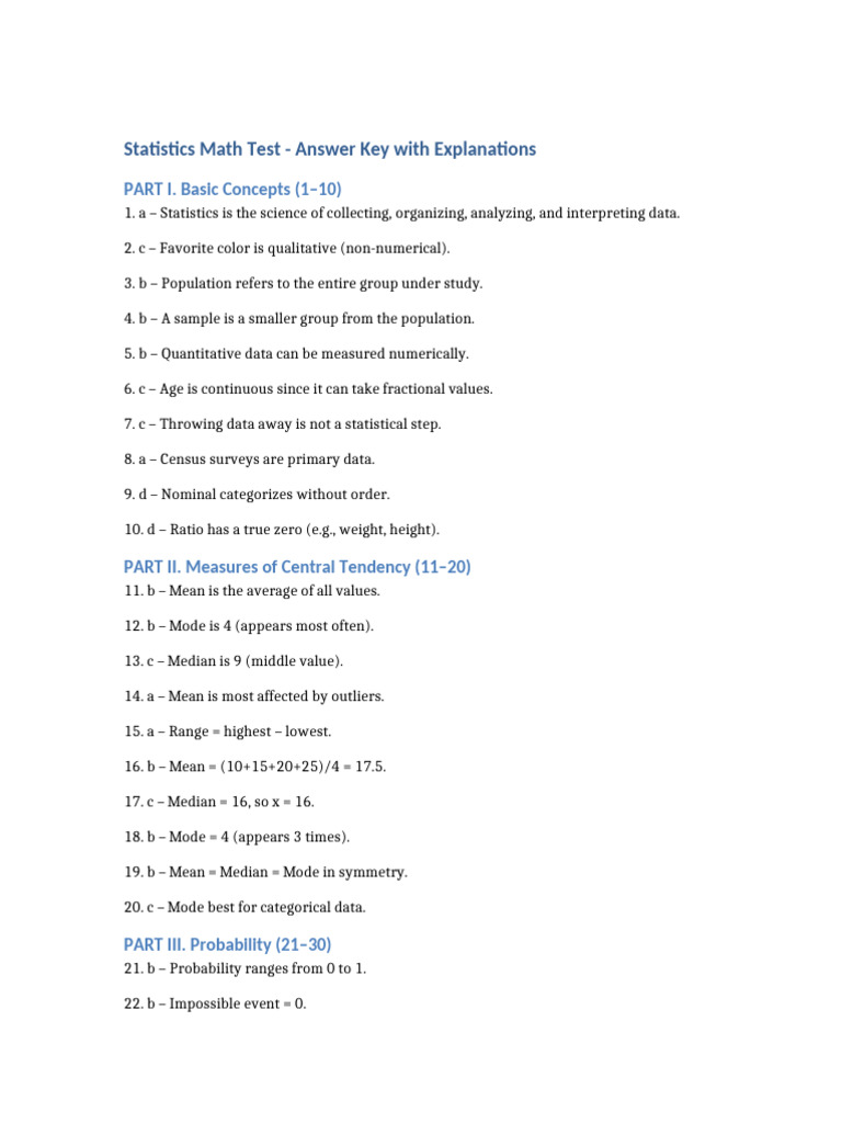 Statistics Test Answer Key & Explanations | PDF