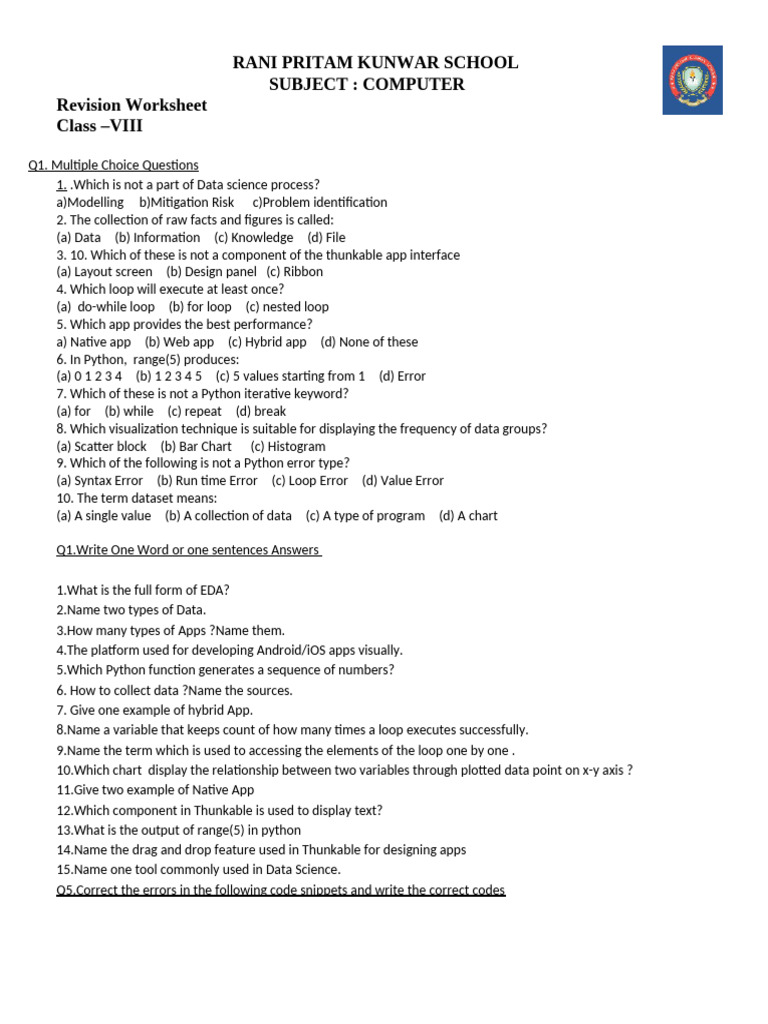 Revision Worksheet Computer Class 8 | PDF | Control Flow | Mobile App