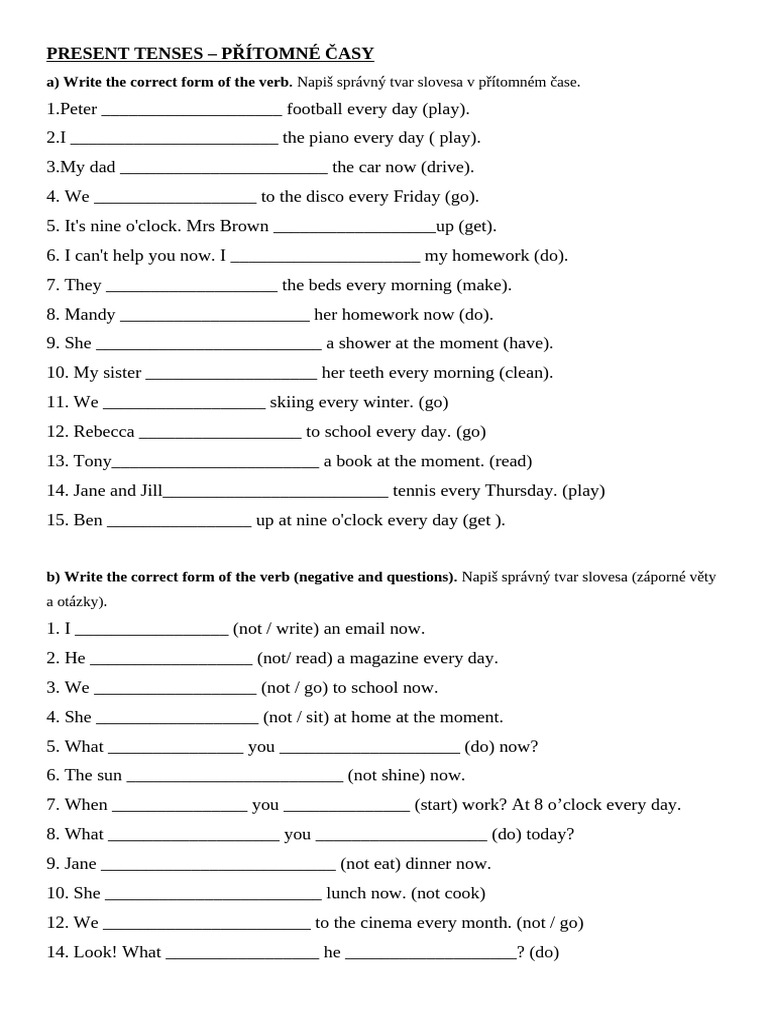 Present Tense Verb Exercises | PDF