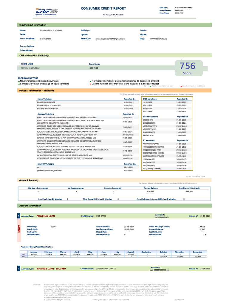 Credit Report for Prakash Jamdar | PDF | Credit | Finance & Money ...