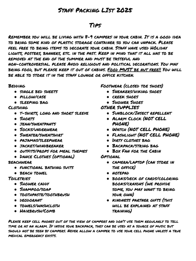 Essential Staff Packing List 2025 | PDF | Clothing
