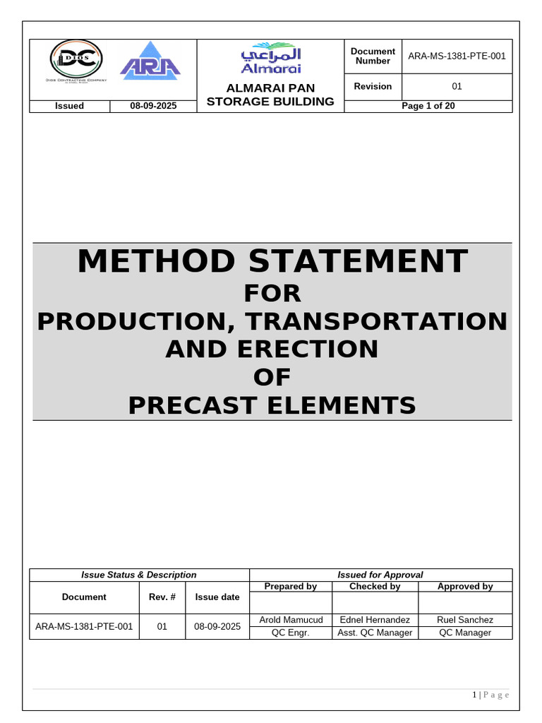 Precast Elements Method Statement for Almarai | PDF | Concrete ...