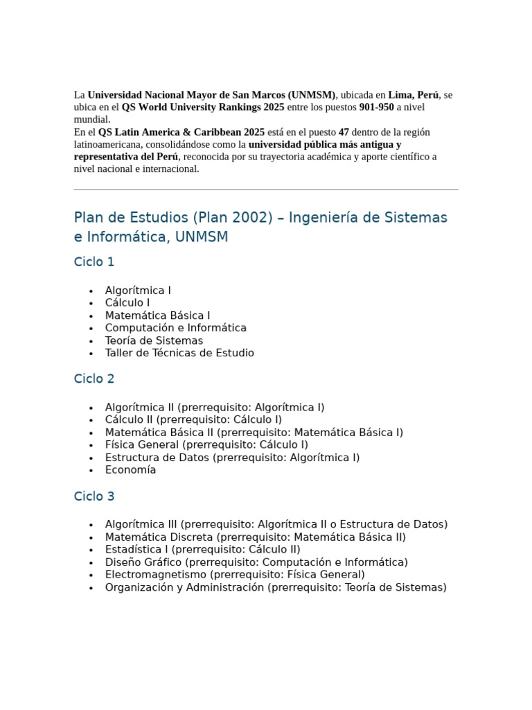 Plan de Estudios Ingeniería UNMSM 2025 | PDF | Informática | Ciencias ...