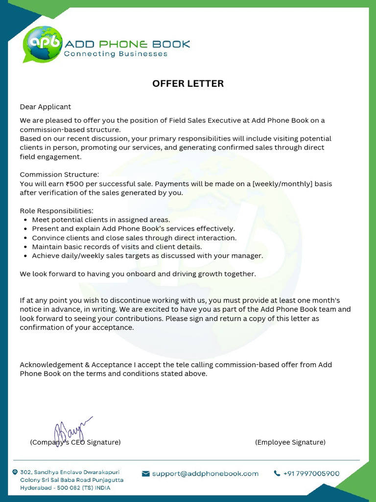 Field Sales Executive Offer Letter | PDF