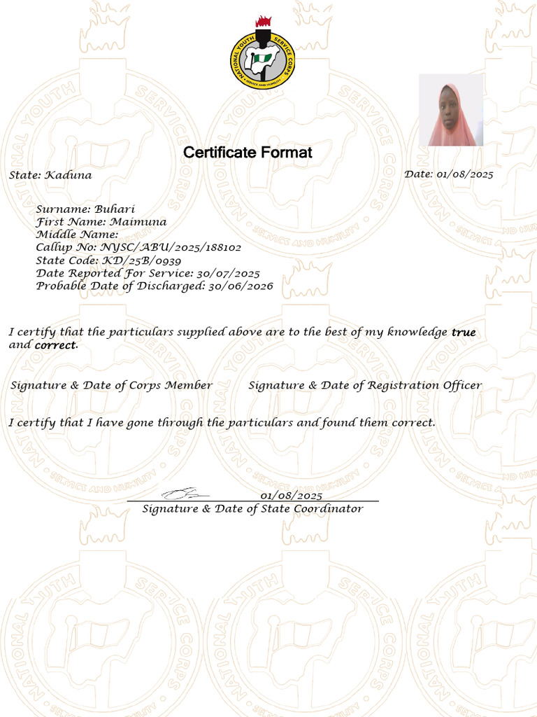 NYSC Certificate Format 2025 | PDF