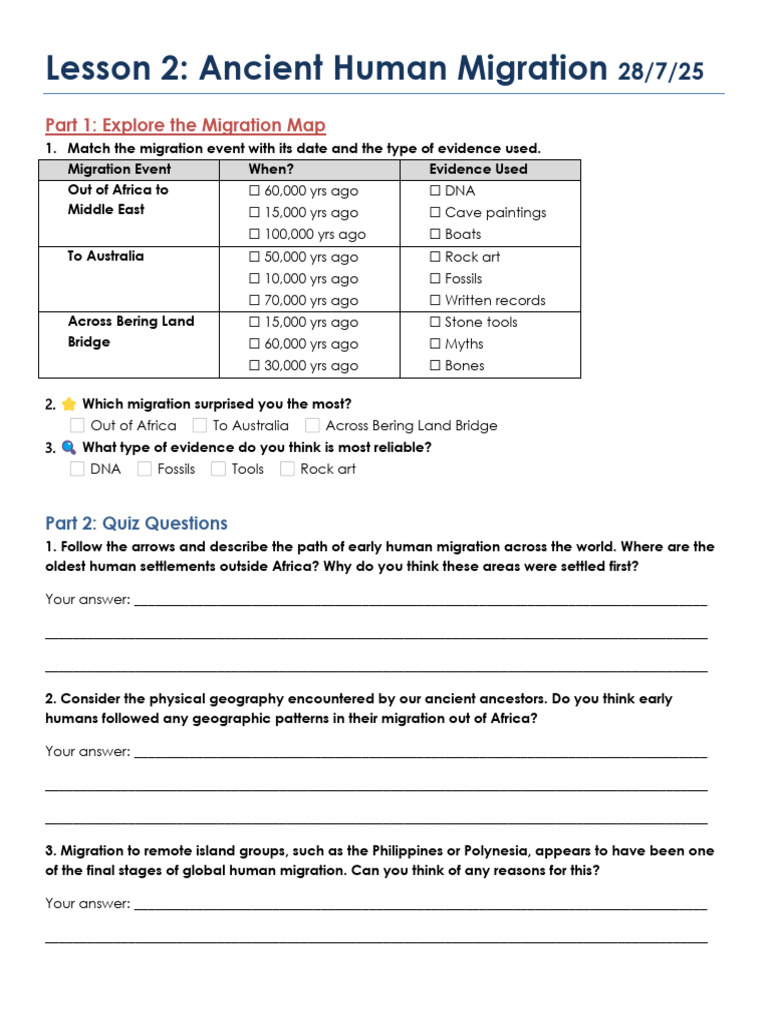 Lesson2 Human Migration Worksheet | PDF | Stone Age