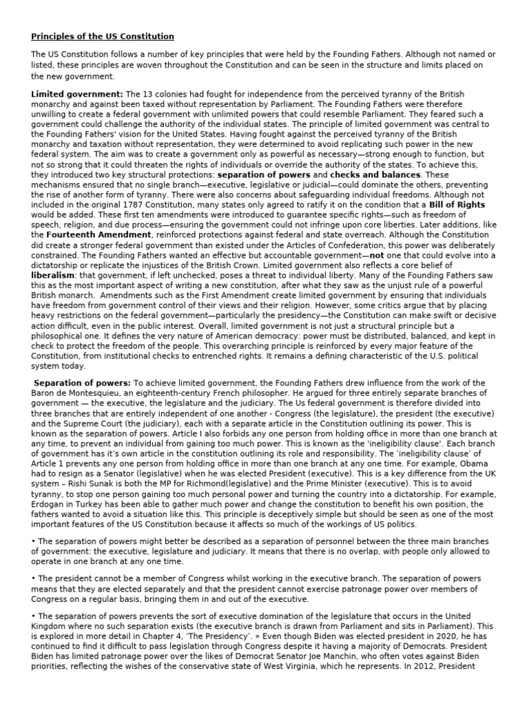 Key Principles of the US Constitution | PDF | Separation Of Powers ...