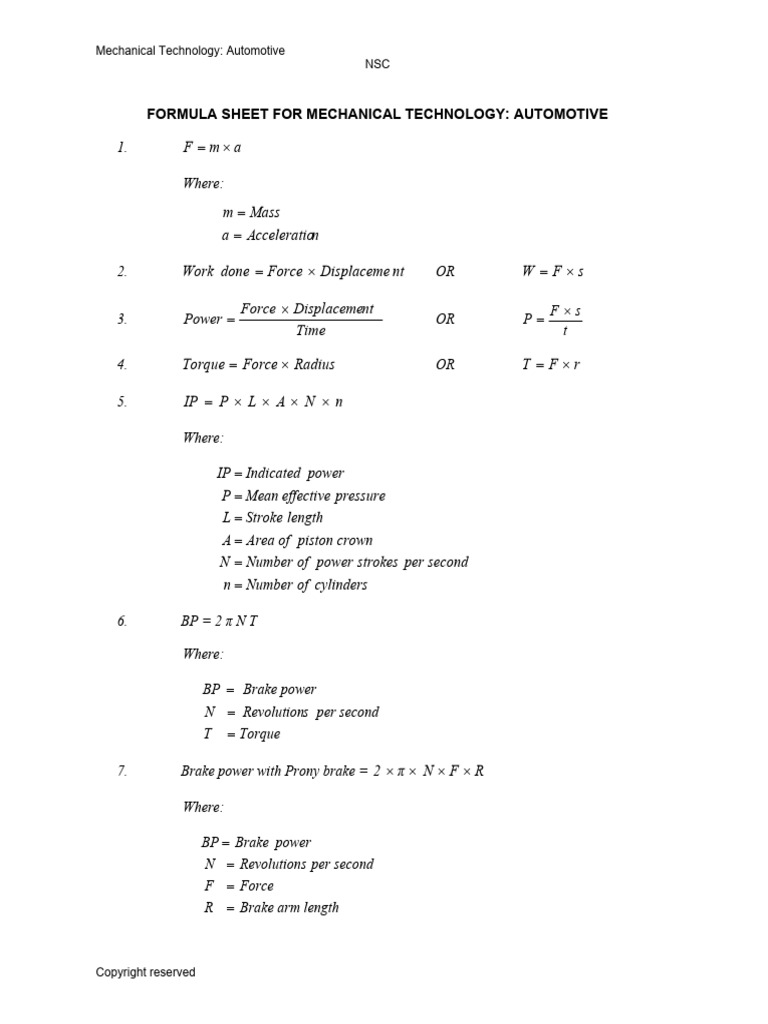 Automotive Mechanical Formulas Guide | PDF