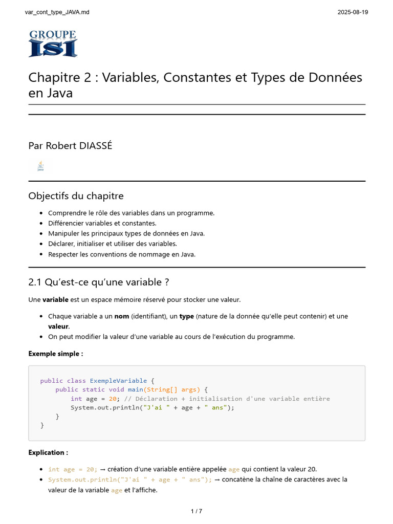 Variables et Types de Données en Java | PDF | Variable (informatique ...