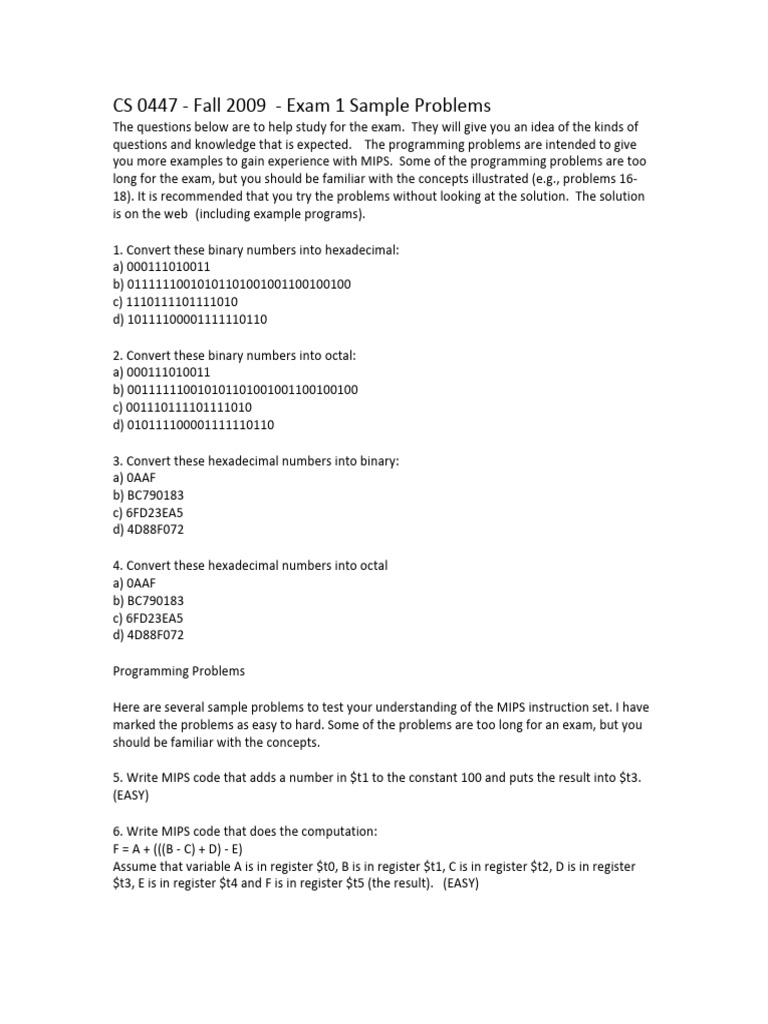 Exam1 Sample Questions | PDF | Computing | Computer Architecture