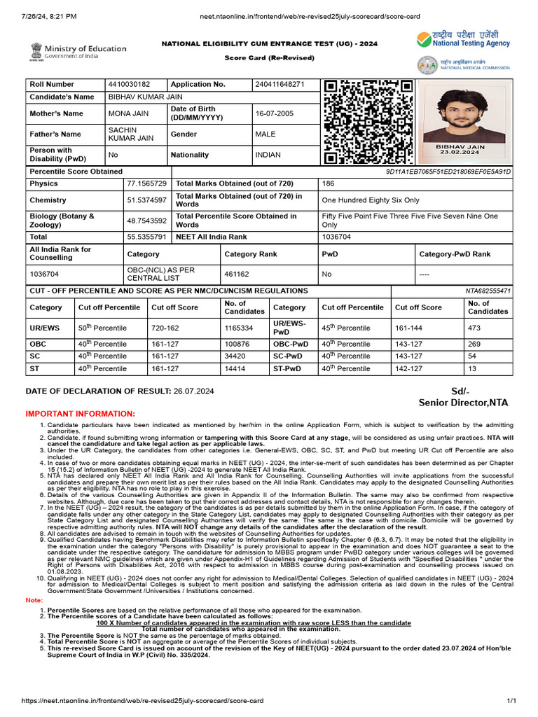 NEET UG 2024 Re-Revised Score Card | PDF | Student Assessment And ...