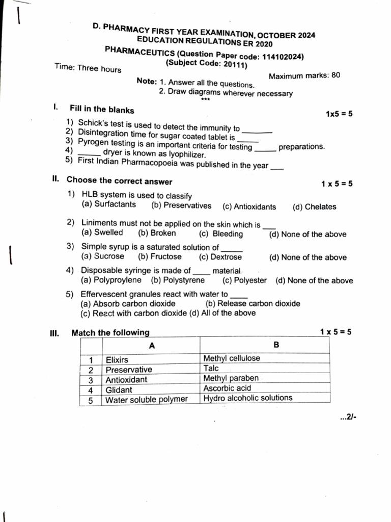 D Pharmacy 1st Year Exam Papers 2024 | PDF | Lymph | Blood