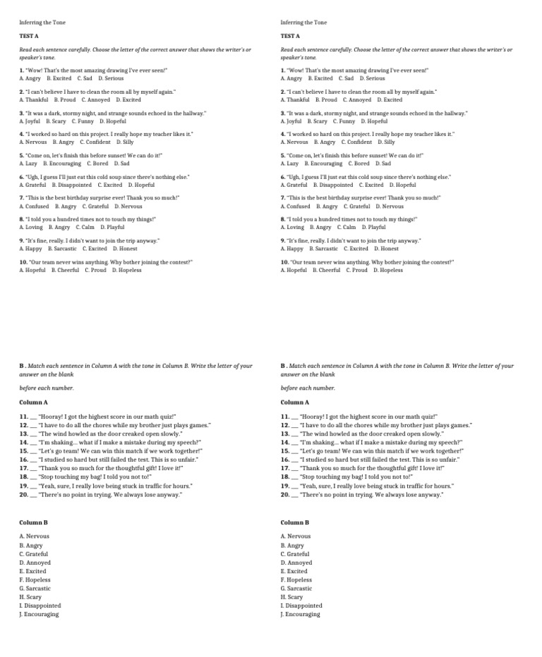 Inferring Tone in Sentences Quiz | PDF