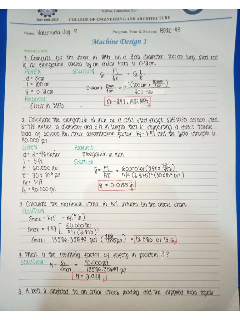 Machine Design 1 Assignment Valenzuela | PDF