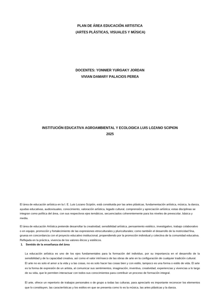 Plan de Área Educación Artistica - Musica | PDF | Educación en artes ...