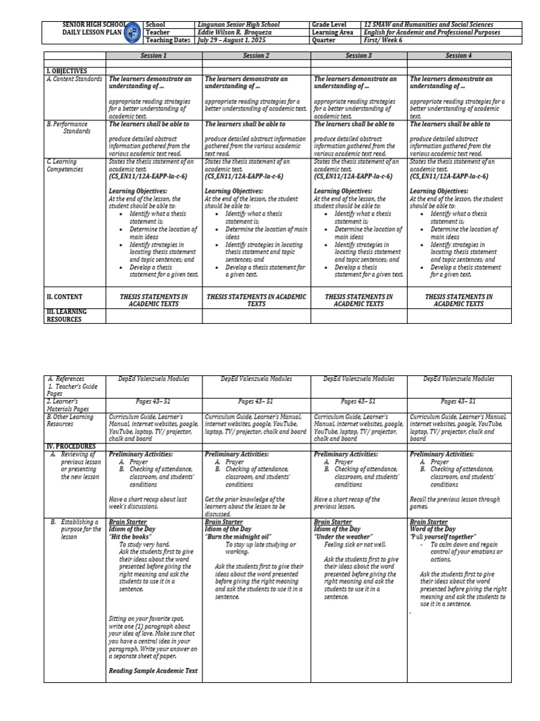 High School English Lesson Plan: Thesis Statements | PDF | Learning ...