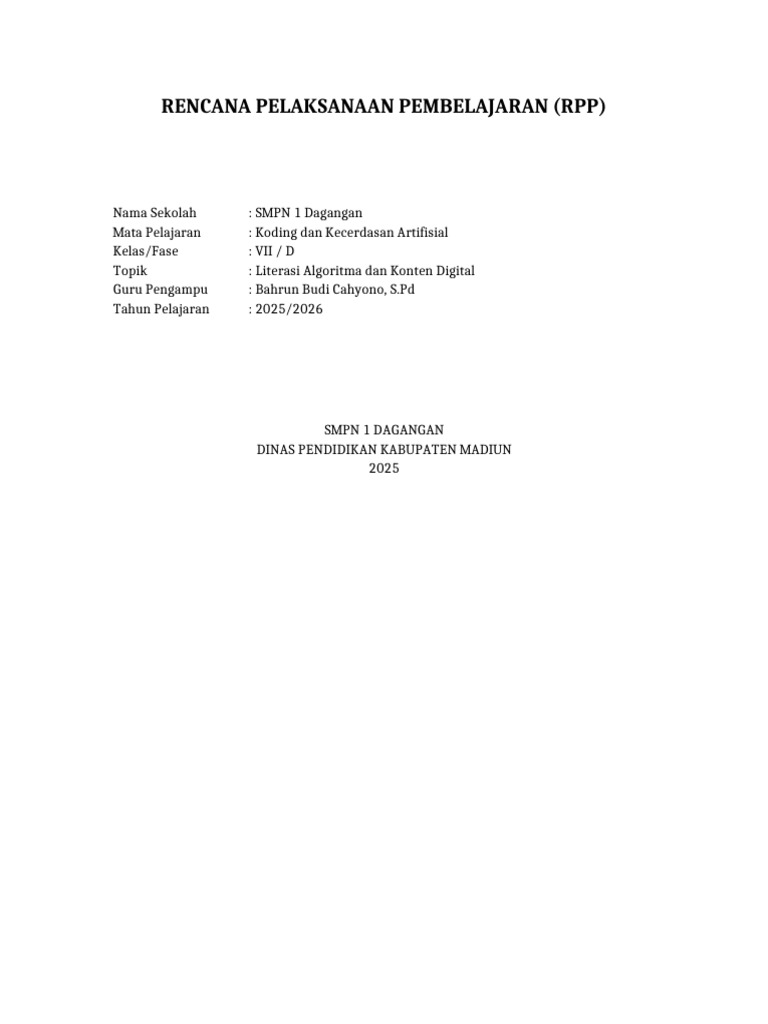 RPP Koding Kecerdasan Artifisial Kelas 7 | PDF
