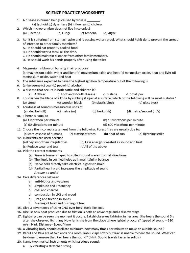 Science Practice Worksheet Questions | PDF | Sound | Combustion