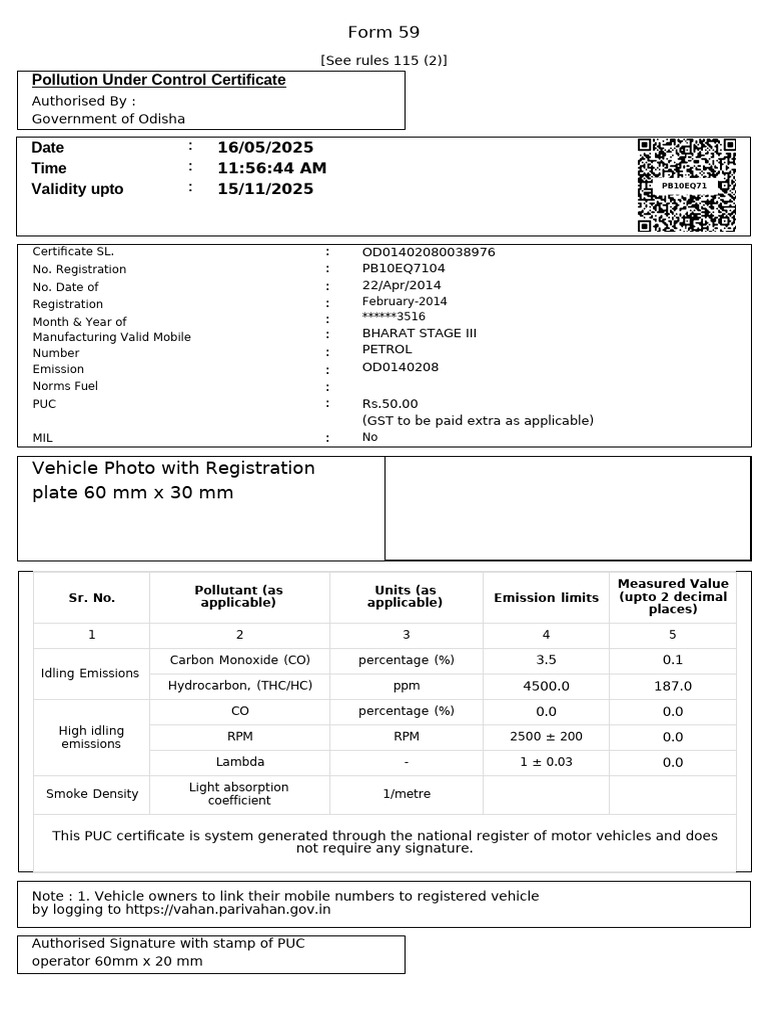 PUC Certificate for Odisha Vehicles | PDF | Exhaust Gas | Pollution