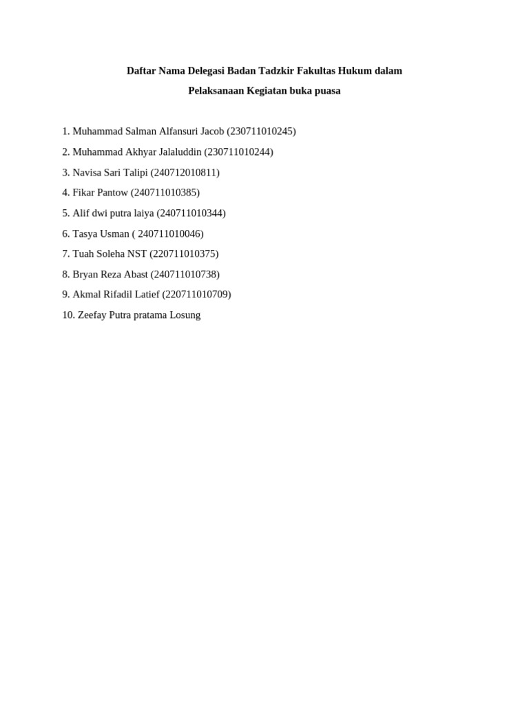 Daftar Delegasi BTFH Buka Puasa | PDF
