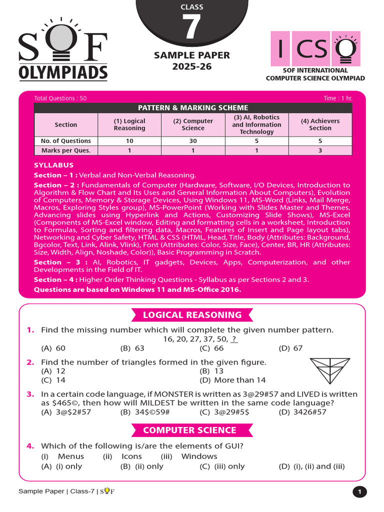 ICSo Class 7 Sample Paper 2025-26 | PDF | Computer Program | Programming