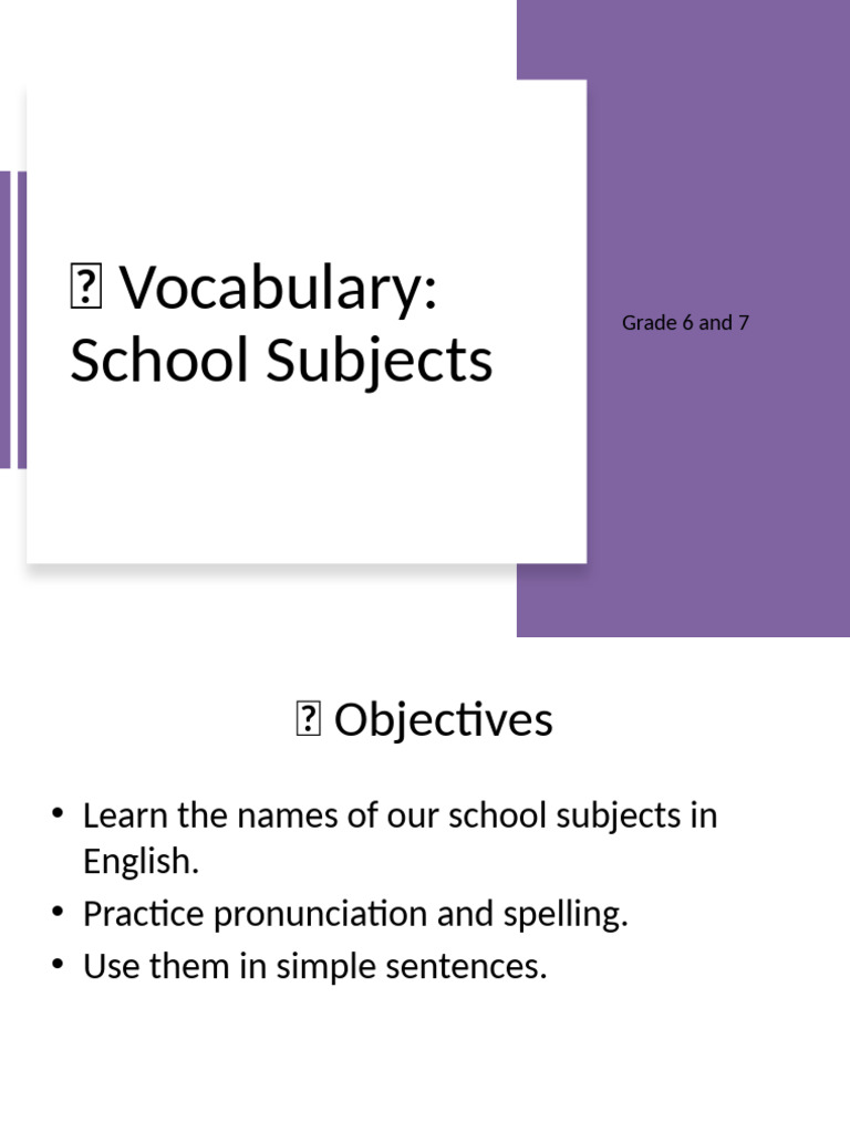 School Subjects Vocabulary for Grades 6-7 | PDF