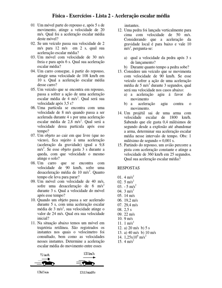 Aceleração Media Lista de Exercicios | PDF | Velocidade | Velocidade