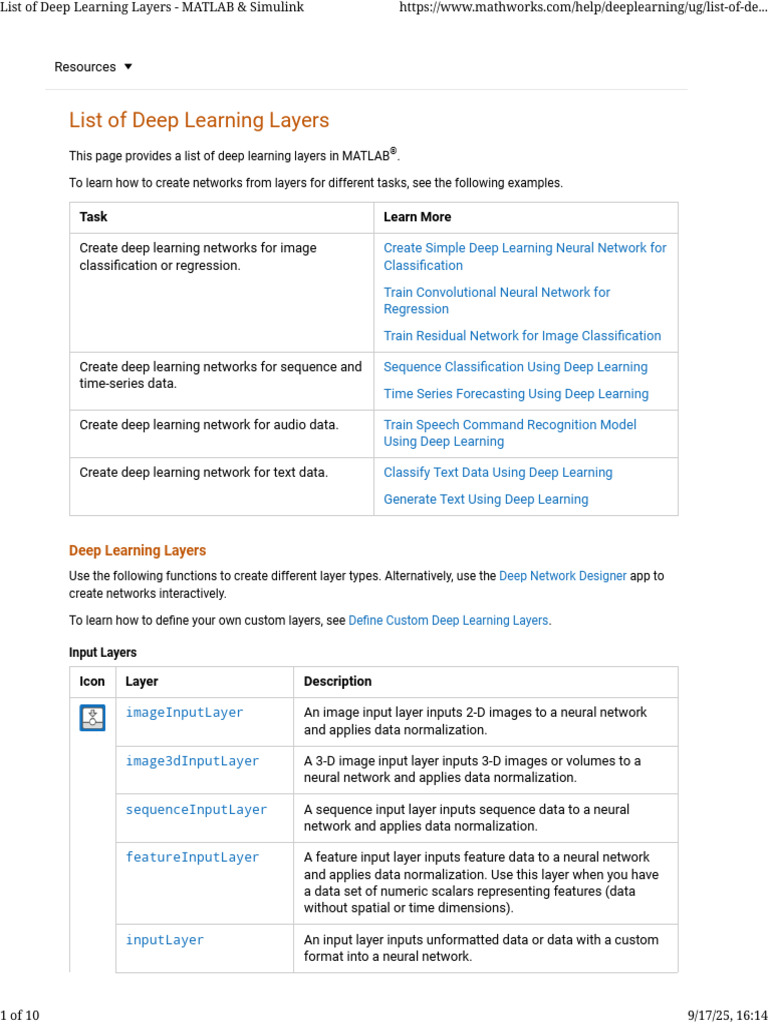 MATLAB Deep Learning Layers Overview | PDF | Deep Learning | Wavelet